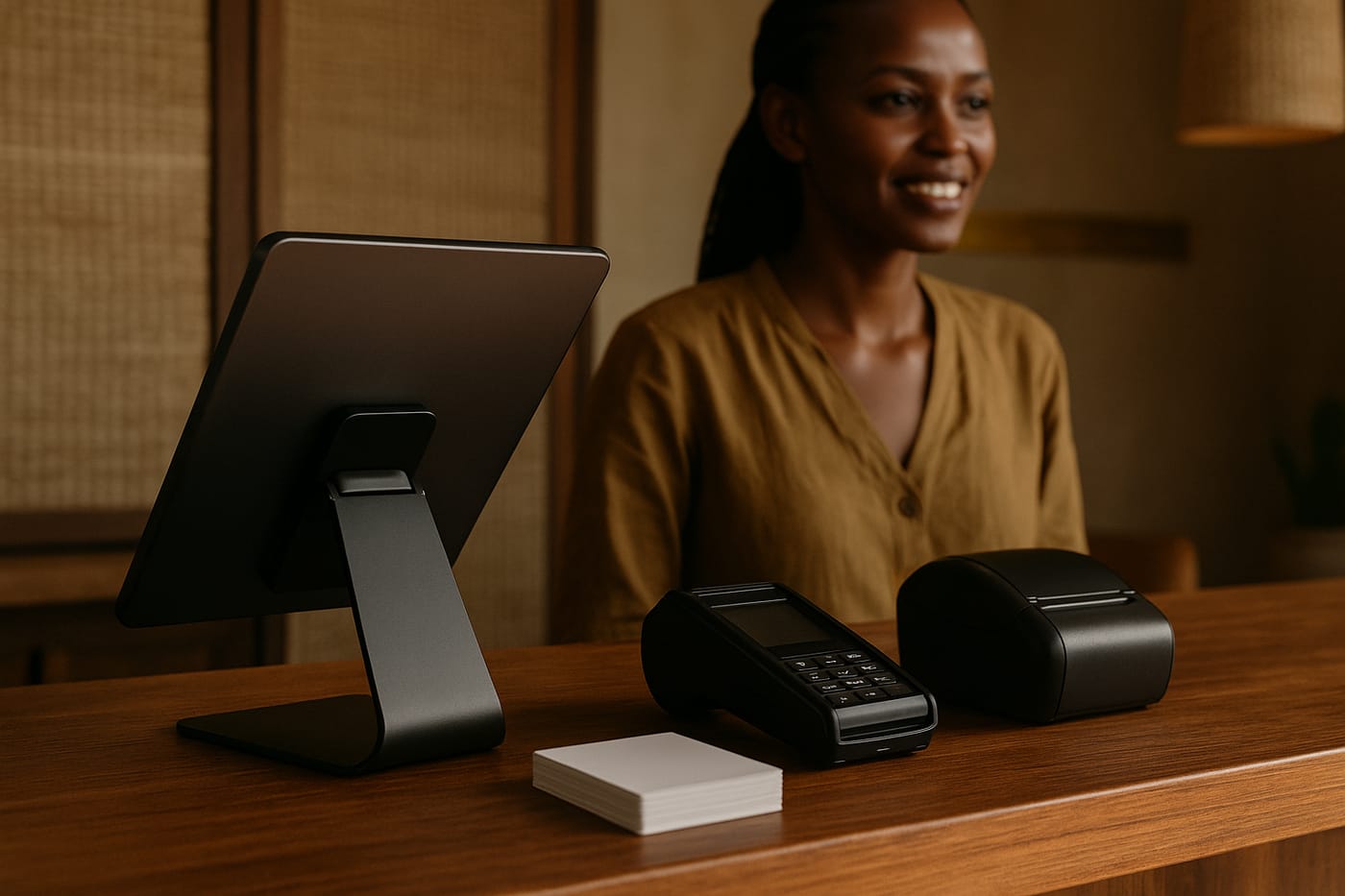 Point of sale and tablet at a hotel reception